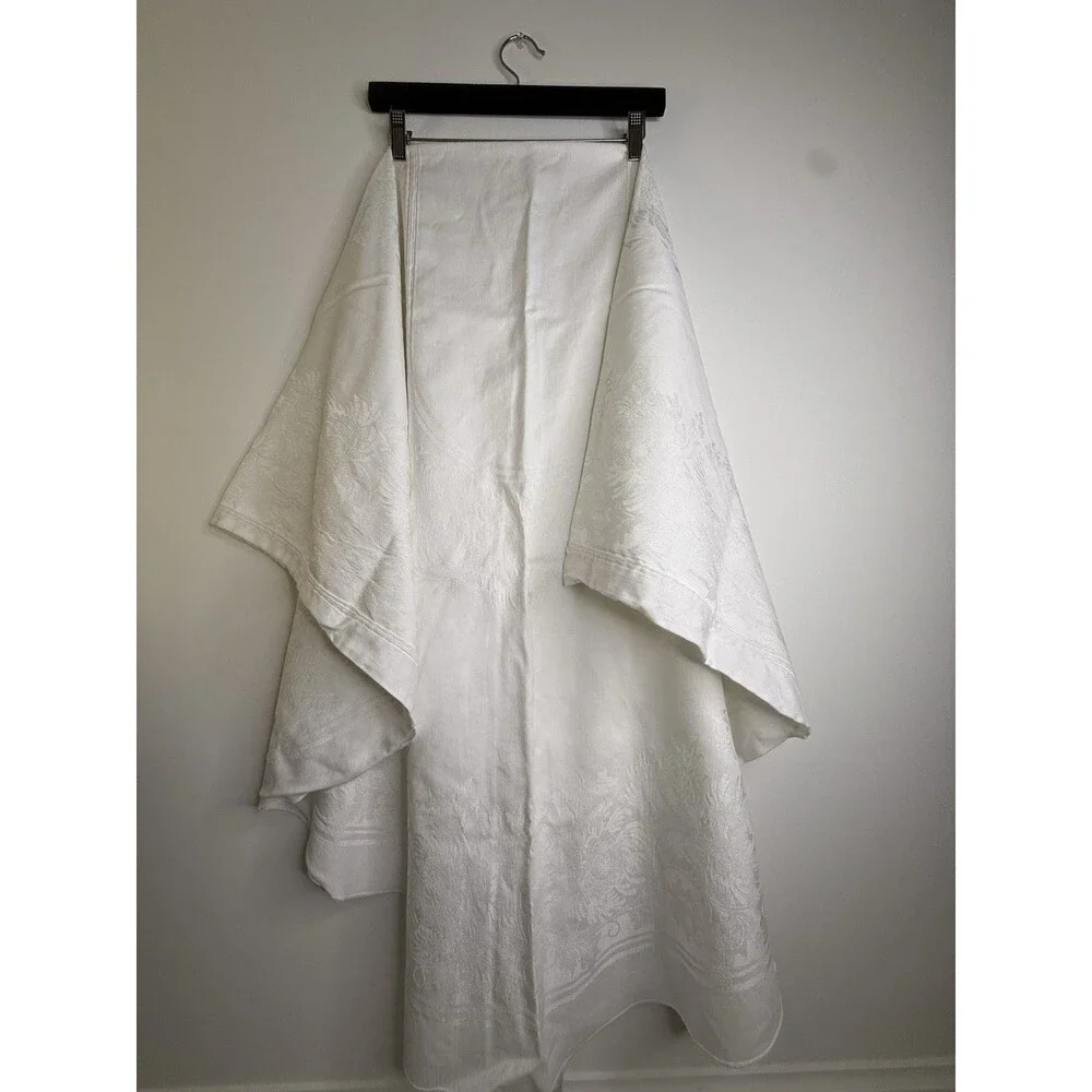 Vintage Ivory Damask Tablecloth 80x110 Semi Round & 10 Napkins 19x19 Set